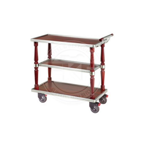 Wooden Service Trolley 3 Tier With 1 Side Handle & Stainless Steel Edge (C13B)
