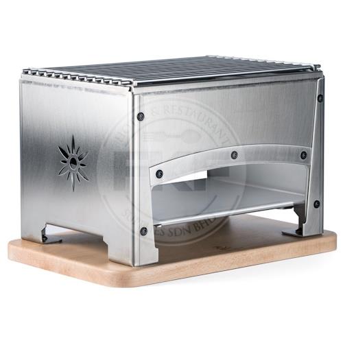 Stainless Steel Indoor Table Grill On Solid Beechwood Tray